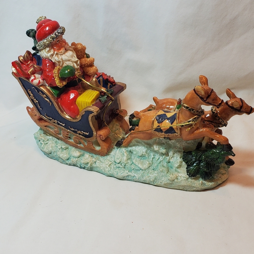 Santa Claus In Sleigh W/2 Reindeer Vintage 2006 Resin Figurine Retro Colorful